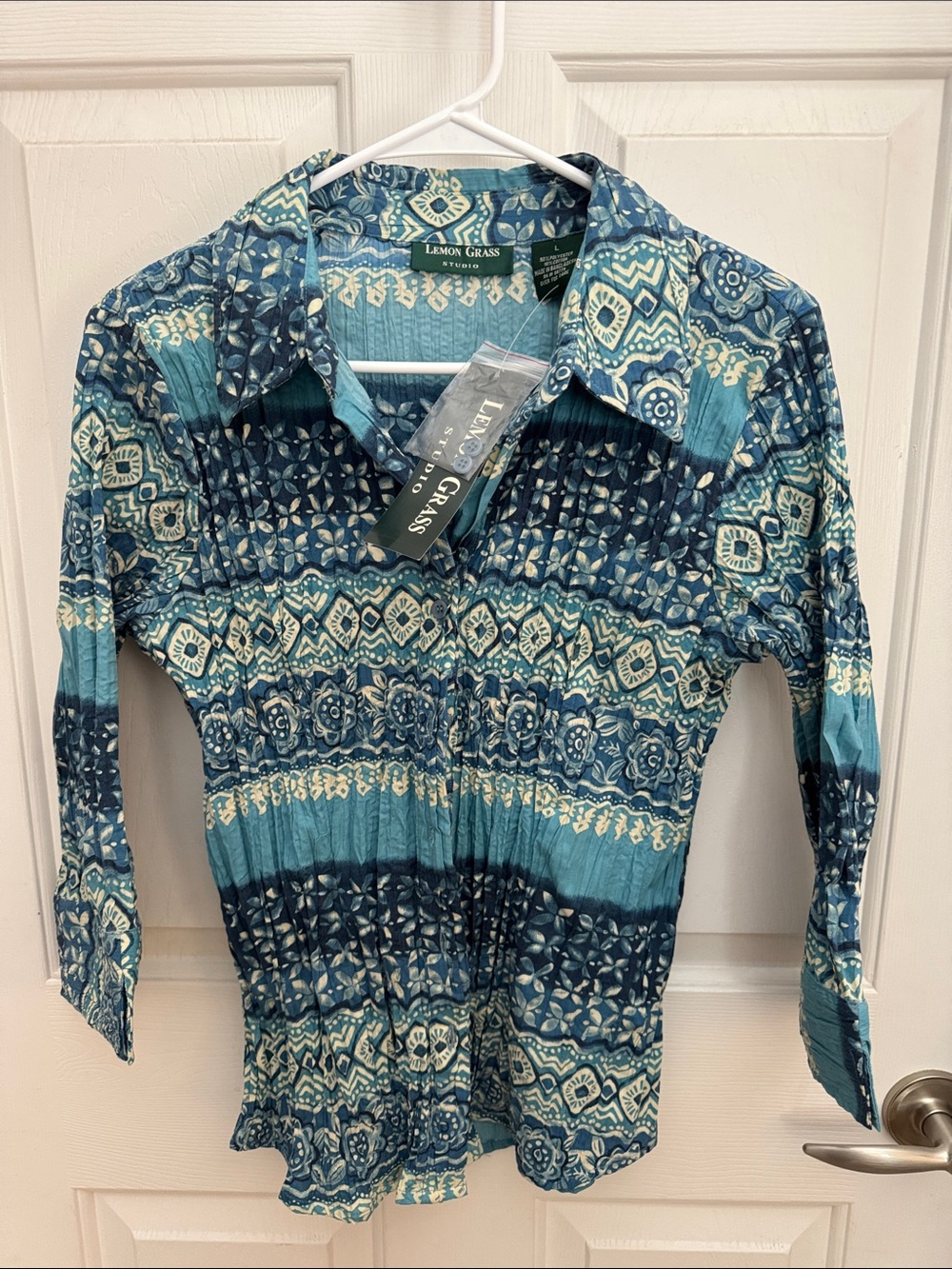 Lemon Grass Studio Teal Blue Boho Print Button Front Blouse 3/4 Sleeve NWT SZ L